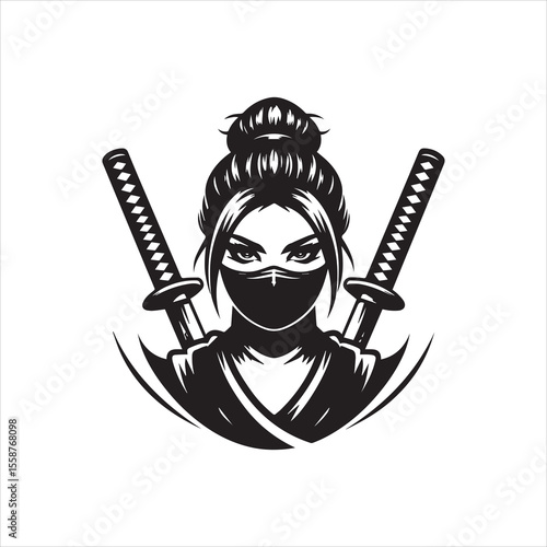 Illustration of a female ninja warrior with a mask and two crossed katana swords behind her.