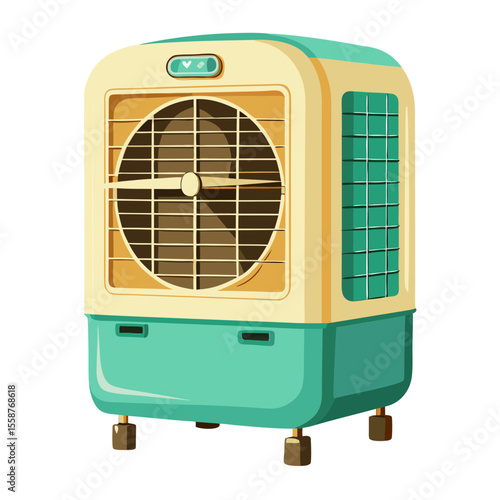 Retro-Style Evaporative Cooler, Vintage Teal and Cream, Summer Cooling Solution,  Home Appliance Illustration.
