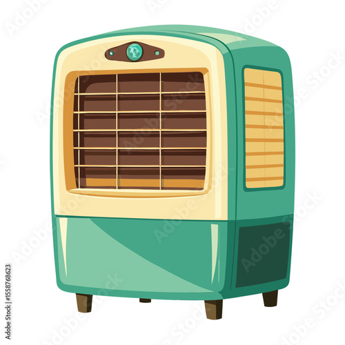 Retro Teal Evaporative Cooler, Vintage Air Conditioner Illustration, Summer Cooling Appliance, Nostalgia Design