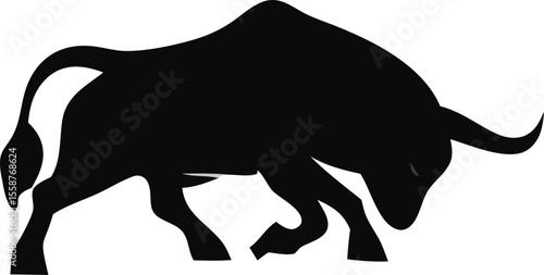 "Charging Angry Bull Silhouette Isolated on White Background"
