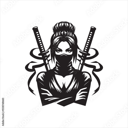 A stylized illustration of a female ninja, armed with two katanas, ready for action.
