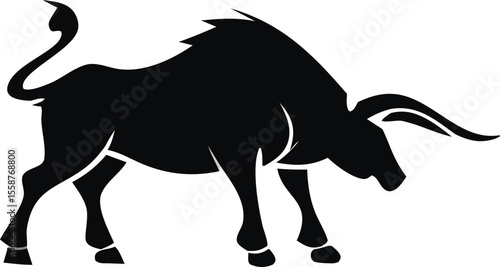 "Charging Angry Bull Silhouette Isolated on White Background"
