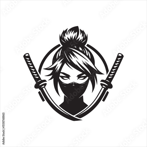 A stylized black and white illustration of a female ninja warrior.