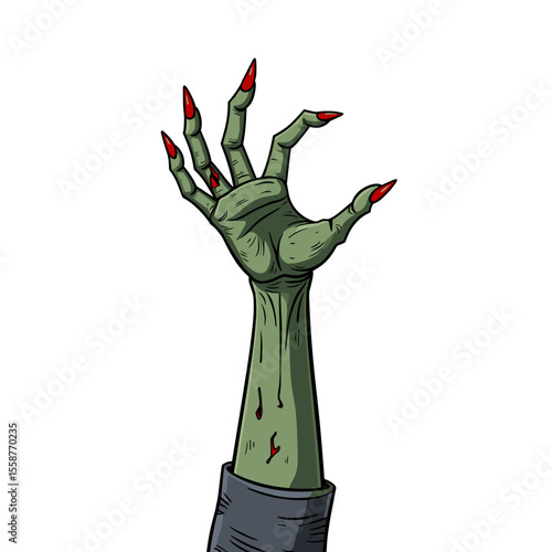 Zombie hand reaching up, Halloween theme illustration with white copyspace