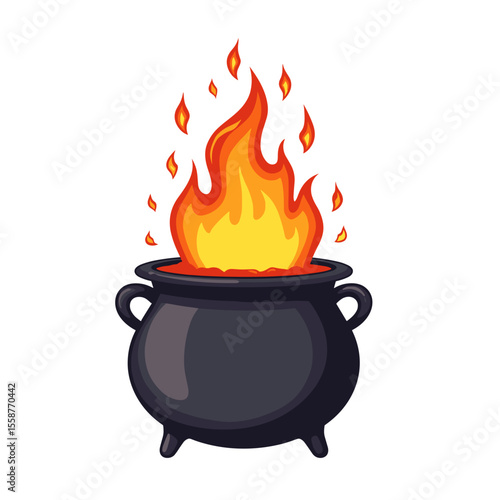 Cartoon cauldron with fire, magic potion brewing illustration