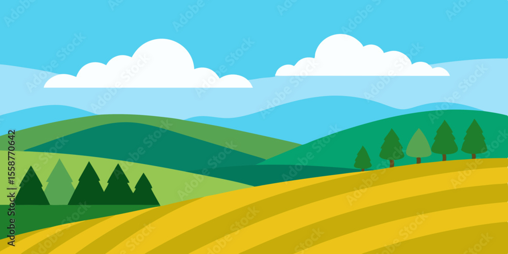 Obraz premium Vibrant cartoon landscape vector with green grass, blue sky, and a scenic view of mountains and hills