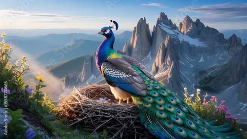 Peacock on mountain nest, serene alpine vista.

