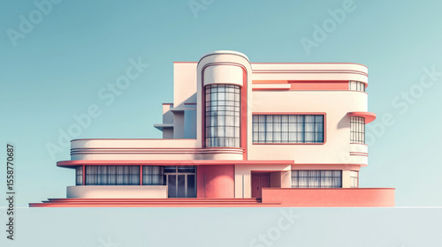 Pastel Pink and White Art Deco House Digital Illustration