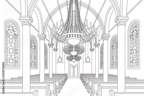 Grand church interior, ornate architecture, empty pews and high vaulted ceiling.
