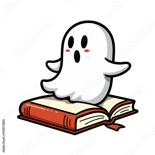 Cartoon ghost on open book, playful Halloween illustration
