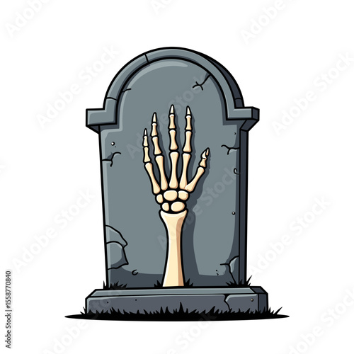 Skeleton hand emerging from tombstone, Halloween spooky graveyard illustration
