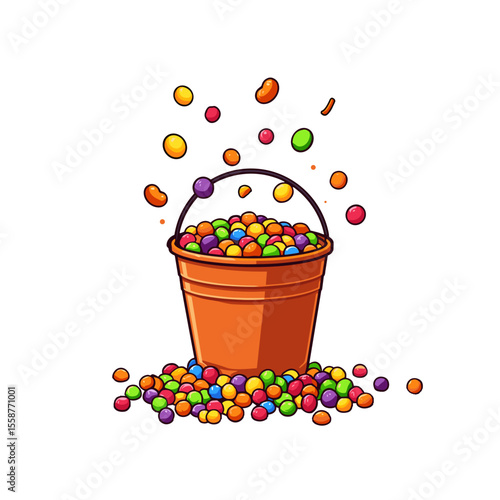 Colorful candy spill from orange bucket, playful sweet abundance