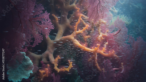 Vibrant coral reef, colorful branches, underwater scene.
