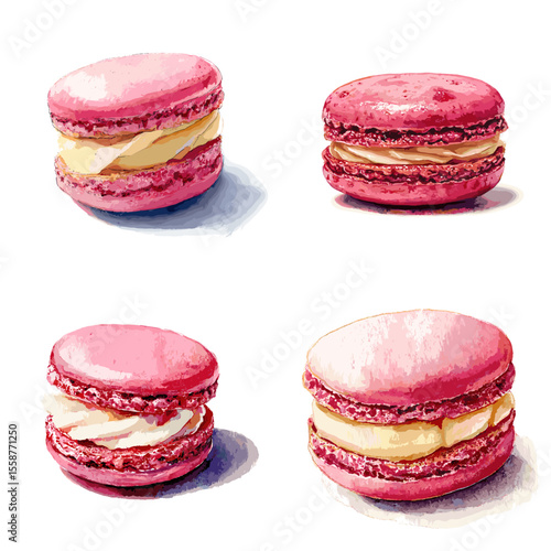 Sweet pink macaron watercolor illustration set with creamy filling, ideal for dessert packaging, bakery ads, and pastel-themed branding designs.

