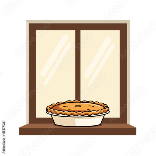 Cartoon pie on windowsill – Homemade dessert baking illustration, cozy kitchen scene