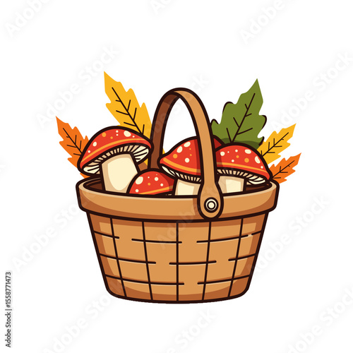 Basket with Amanita mushrooms and autumn leaves, foraging illustration