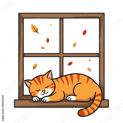 Cartoon orange cat sleeping on window sill, autumn relaxation illustration