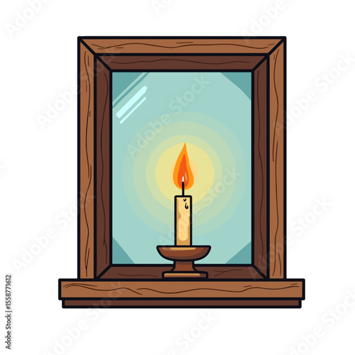 Candle in wooden window frame illustration, cozy home lighting art