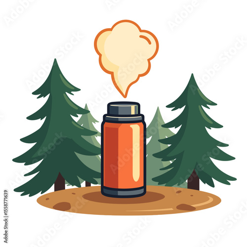 Steaming red thermos among pine trees, wilderness adventure copyspace
