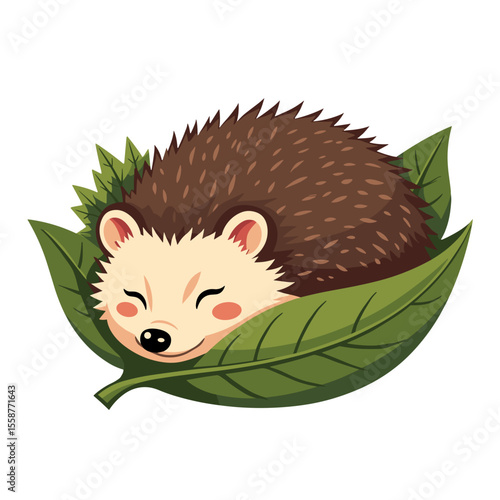 Cute cartoon hedgehog sleeping on leaf, cozy wildlife illustration