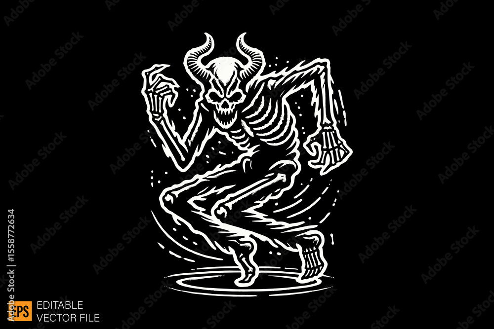 Fototapeta premium Skeleton dancing dark horror art illustration design black and white backgroud templates