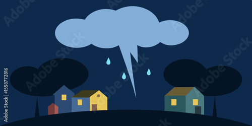 Night city landscape vector illustration with clouds, homes, and building silhouettes under the moonlit sky
