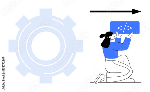 Female developer holding a tablet with coding elements, next to a gear and arrow, symbolizing development. Ideal for software engineering, coding, teamwork, workflow, innovation, improvement simple