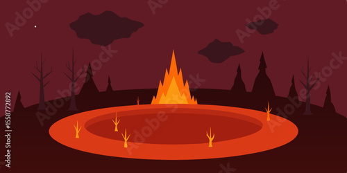 Burning candle illustration on an abstract sunset mountain landscape with a fiery sky and distant city skyline
