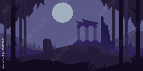 A spooky Halloween night landscape with a dark city skyline, silhouetted buildings, and trees against a cloudy, moonlit sky