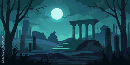 Spooky Halloween night landscape illustration with a dark castle silhouette under a moonlit sky, adorned with trees and stars, creating a cartoon town scene