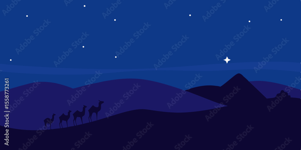 Fototapeta premium Moonlit night landscape with mountains, stars, and a dark forest silhouette