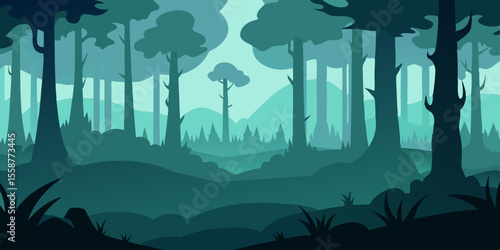 Vector illustration of an urban forest landscape with city buildings and industrial pollution silhouette