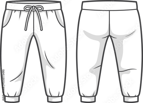 Unisex Cropped Jogger Pants Technical Flat Sketch, Front and Back View, Drawstring Waist Apparel Template, Fashion Design Blank Mockup, Casual Athletic Wear