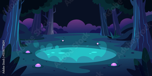 Tropical island illustration with a night pool bath, featuring deep blue water, palm trees, and abstract summer light