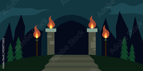 Romantic night landscape with glowing moon and trees, their dark branches silhouetted against the warm, yellow candlelight