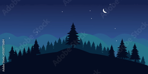 Starry winter night landscape with a dark forest, silhouetted trees, and snow under a blue moonlit sky
