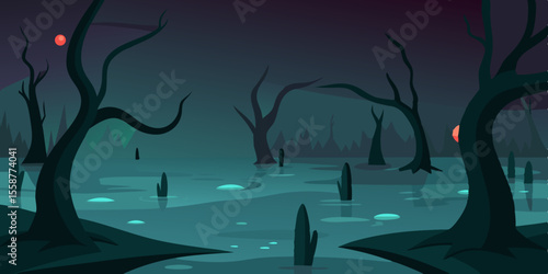 Spooky blue moonlight illuminates a dark forest silhouette with a star-filled sky, a perfect night landscape illustration