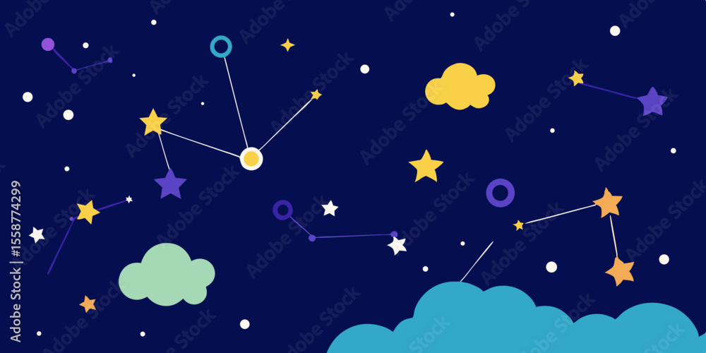 Fototapeta premium Seamless pattern of cartoon stars and moon in a dark blue night sky vector illustration