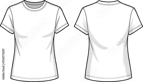  Women's Fitted Crew Neck Short Sleeve T-Shirt Flat Fashion Sketch Template - Essential Casual Apparel Design Blank