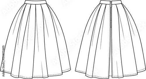 Women's Full Pleated A-Line Midi Skirt with Back Zipper Flat Fashion Sketch Template - Elegant Apparel Design