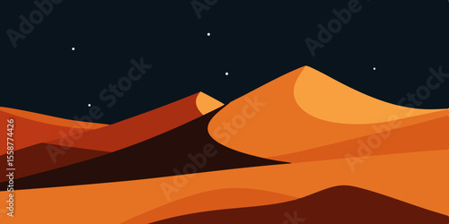 Vector illustration of an Egyptian desert landscape with pyramids, camels, and a mountain silhouette at sunset
