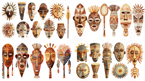 Watercolor African tribal mask illustration set featuring ceremonial face masks, drums, sun symbols, and cultural patterns in earthy ethnic tones.

