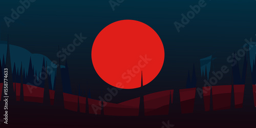 Abstract vector illustration of a dark urban cityscape with a business graph and factory silhouettes under a moonlit sky