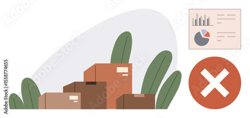 Stacked cardboard boxes with a red cross symbol and a data chart in the background. Ideal for logistics, delivery errors, supply chain, shipping, monitoring, data analysis, business process. Simple