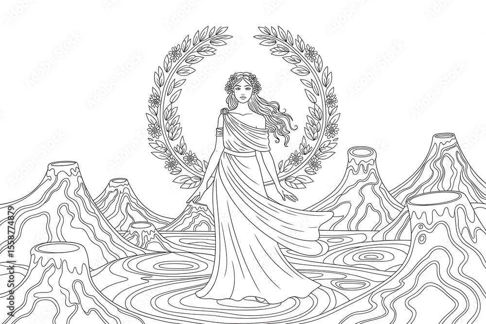 Obraz premium Woman in flowing robe, amidst volcanic landscape, serene presence.