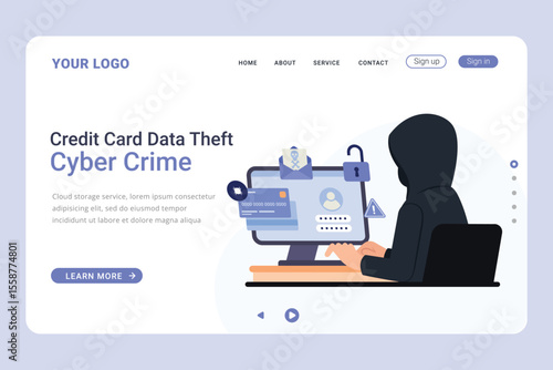 Cyber crime illustration for landing page. Credit card data theft illustration