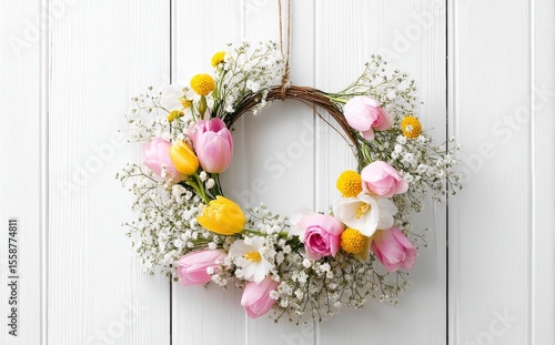 On a wooden door, a dynamic wreath is adorned with a medley of vibrant pink and yellow flowers, complemented by an arrangement of petite white blooms, resulting in a joyful and hospitable seasonal