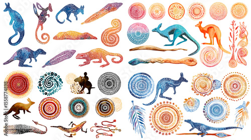 Australian Aboriginal ornament and kangaroo illustration set with dot patterns, boomerangs, reptiles, and native symbols in vibrant earth tones.

