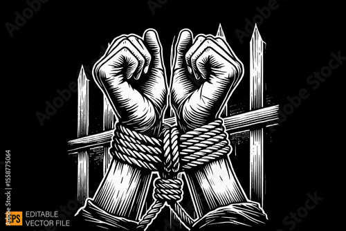 hand tied by rope dark horror art illustration design black and white backgroud templates