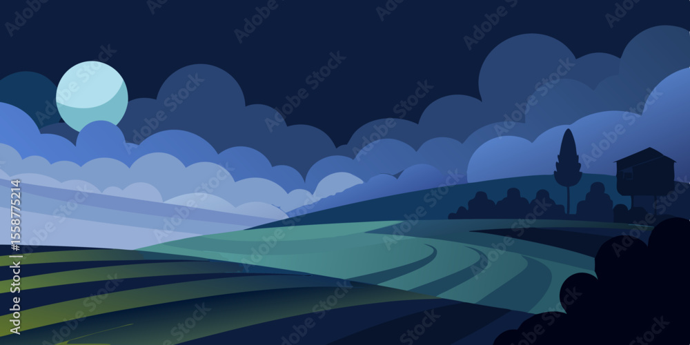 Fototapeta premium Serene Night Landscape Moonlit Hills and Tranquil Fields